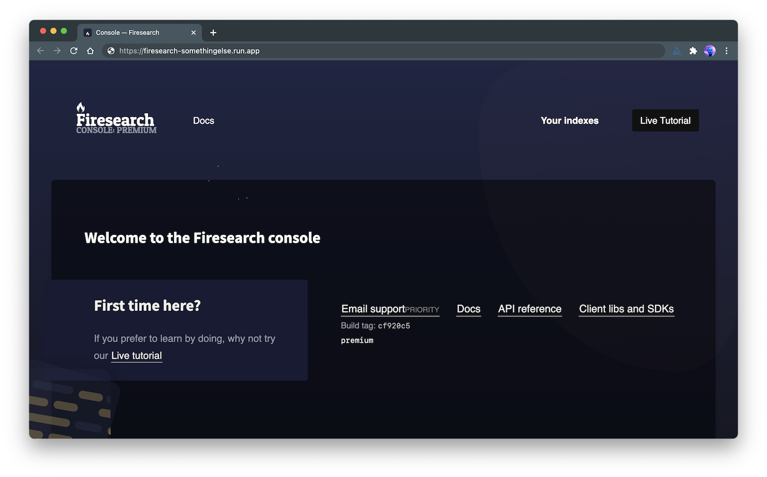 Screenshot of the Firesearch console running in Google Cloud Run